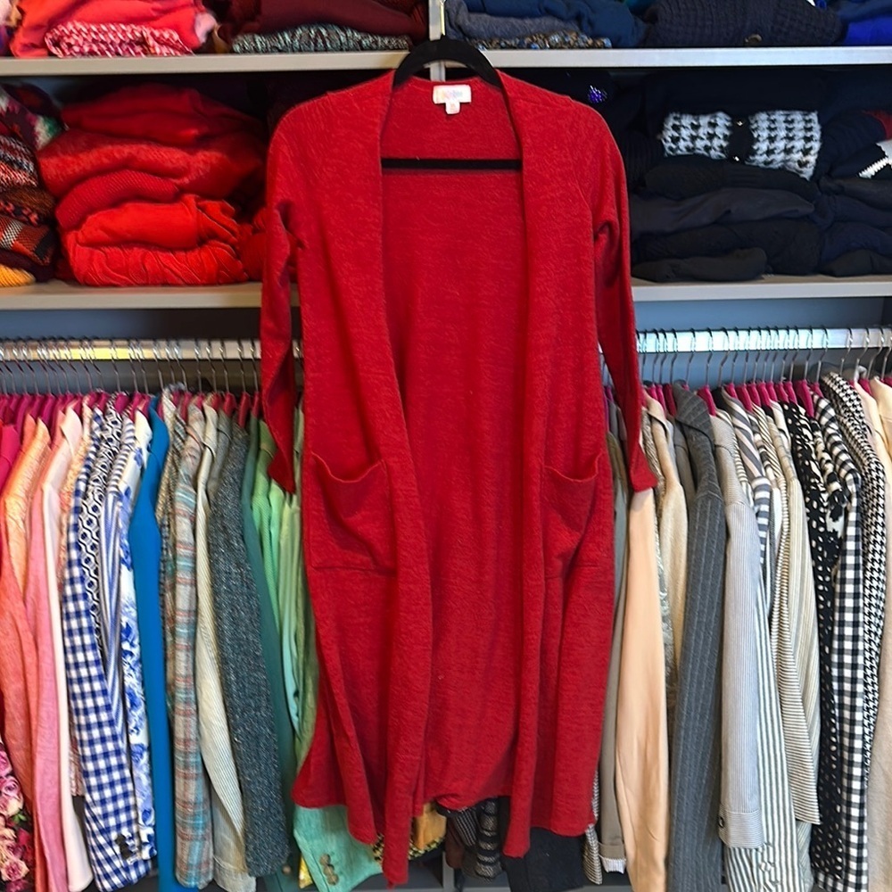 LuLaRoe red long sleeve open front 2 pocket cardigan size XS